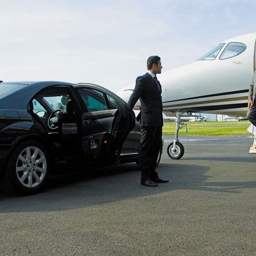 man coming out of the plane while man standing near chauffeur