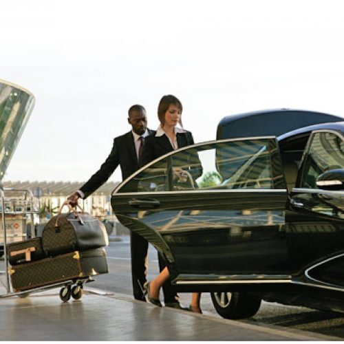 women holding car door while driver taking her luggage